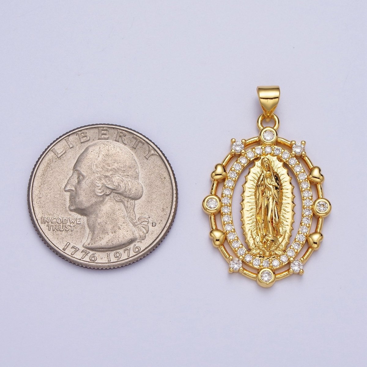 24K Gold Filled Religious Oval Micro Paved Mother Virgin Mary Heart Round Cubic Zirconia CZ Pendant For Jewelry Making H-013 - DLUXCA