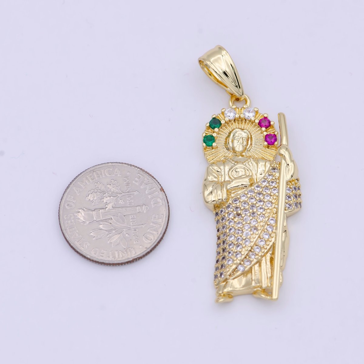 24K Gold Filled Religious Saint St. Jude Multicolor Clear Micro Paved CZ Pendant N-622 - DLUXCA