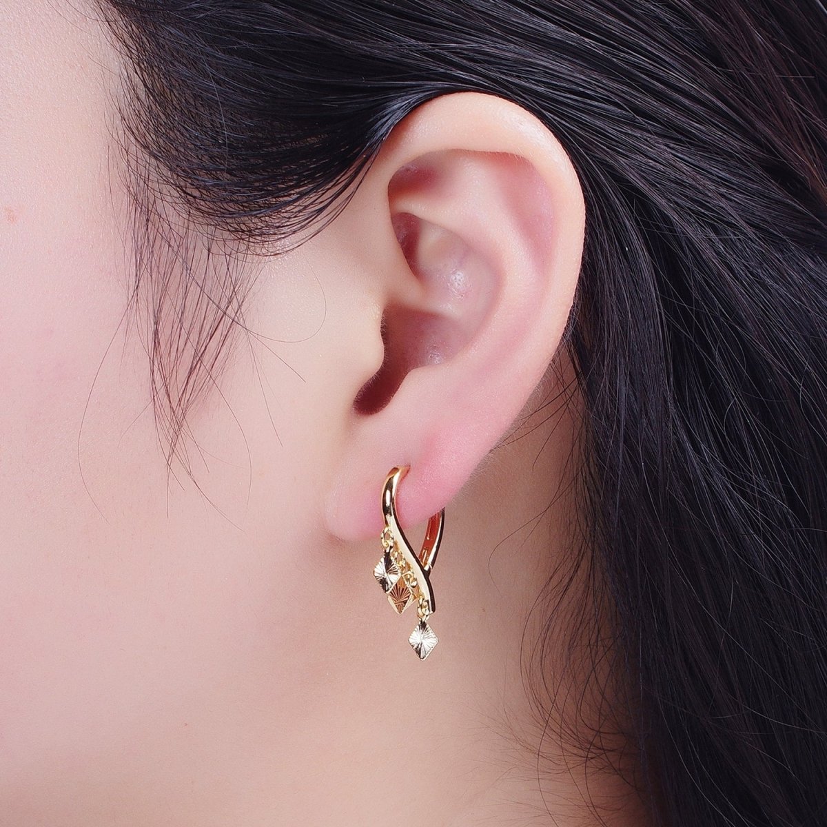 24K Gold Filled Rhombus Starburst Charm Dangle on Teardrop Huggie Hoop Earrings T-182 - DLUXCA