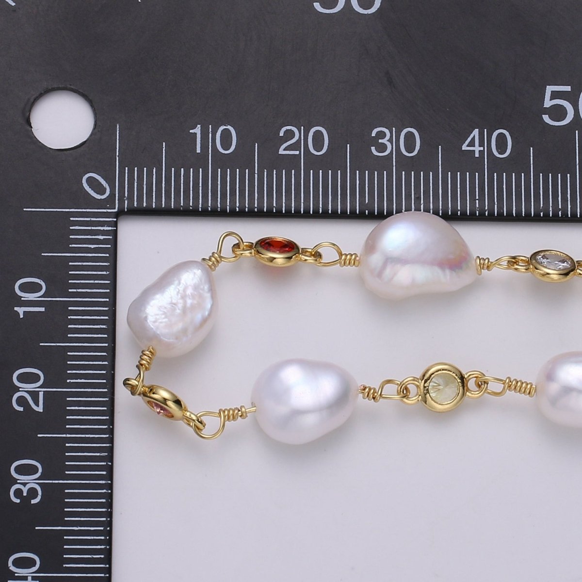 24K Gold Filled Rosary Chain with Baroque Fresh Water Pearl Charm Chain Sold By Yard with Multi Color CZ Bezel Cut For Necklace Component Supply | ROLL-456 ROLL-457 Clearance Pricing - DLUXCA