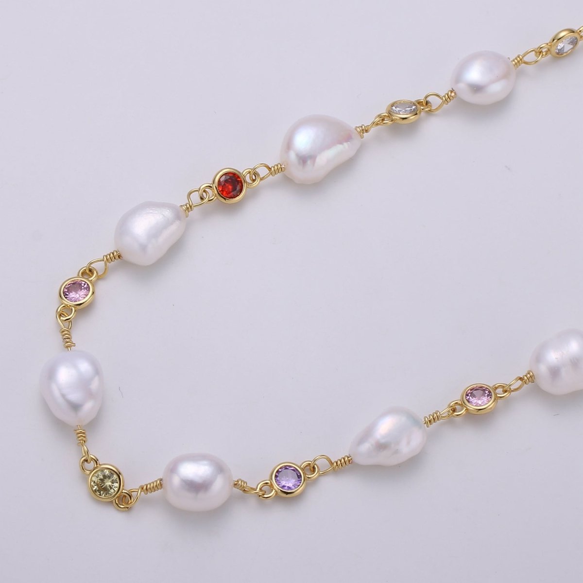 24K Gold Filled Rosary Chain with Baroque Fresh Water Pearl Charm Chain Sold By Yard with Multi Color CZ Bezel Cut For Necklace Component Supply | ROLL-456 ROLL-457 Clearance Pricing - DLUXCA