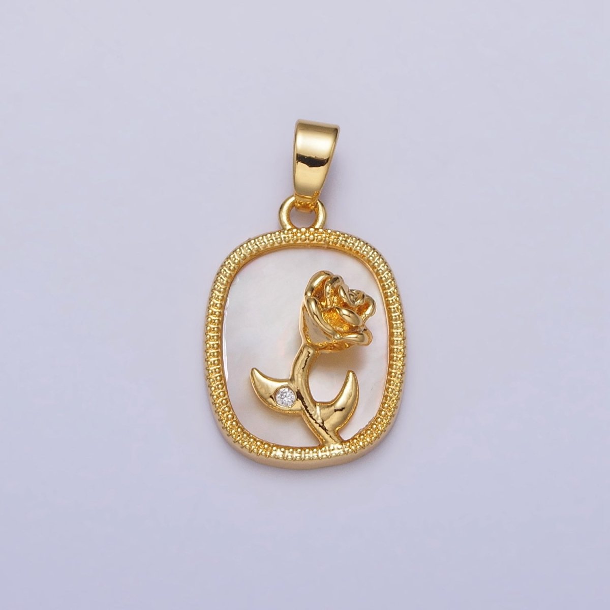24K Gold Filled Rose Flower CZ Shell Pearl Square Pendant | AA110 - DLUXCA