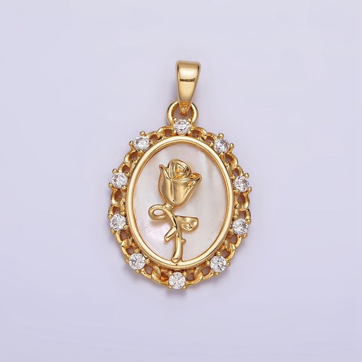 24K Gold Filled Rose Flower Shell Pearl Curb Link CZ Lined Oval Pendant | AA583 - DLUXCA