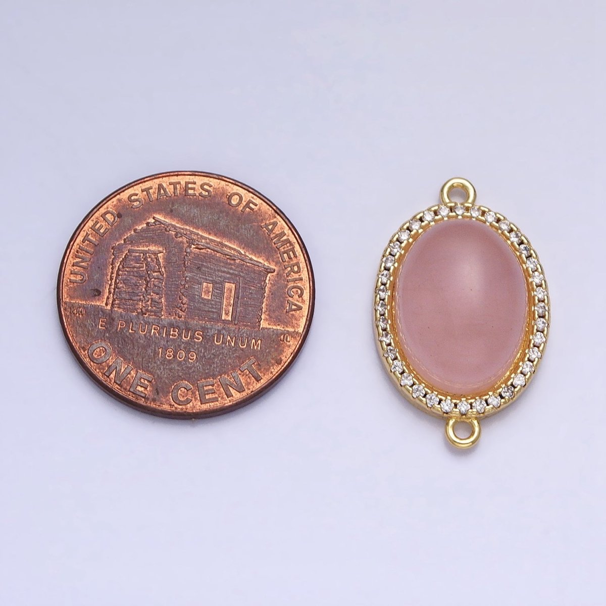 24K Gold Filled Rose Quartz Natural Gemstone Micro Paved CZ Oval Connector | AA818 - DLUXCA