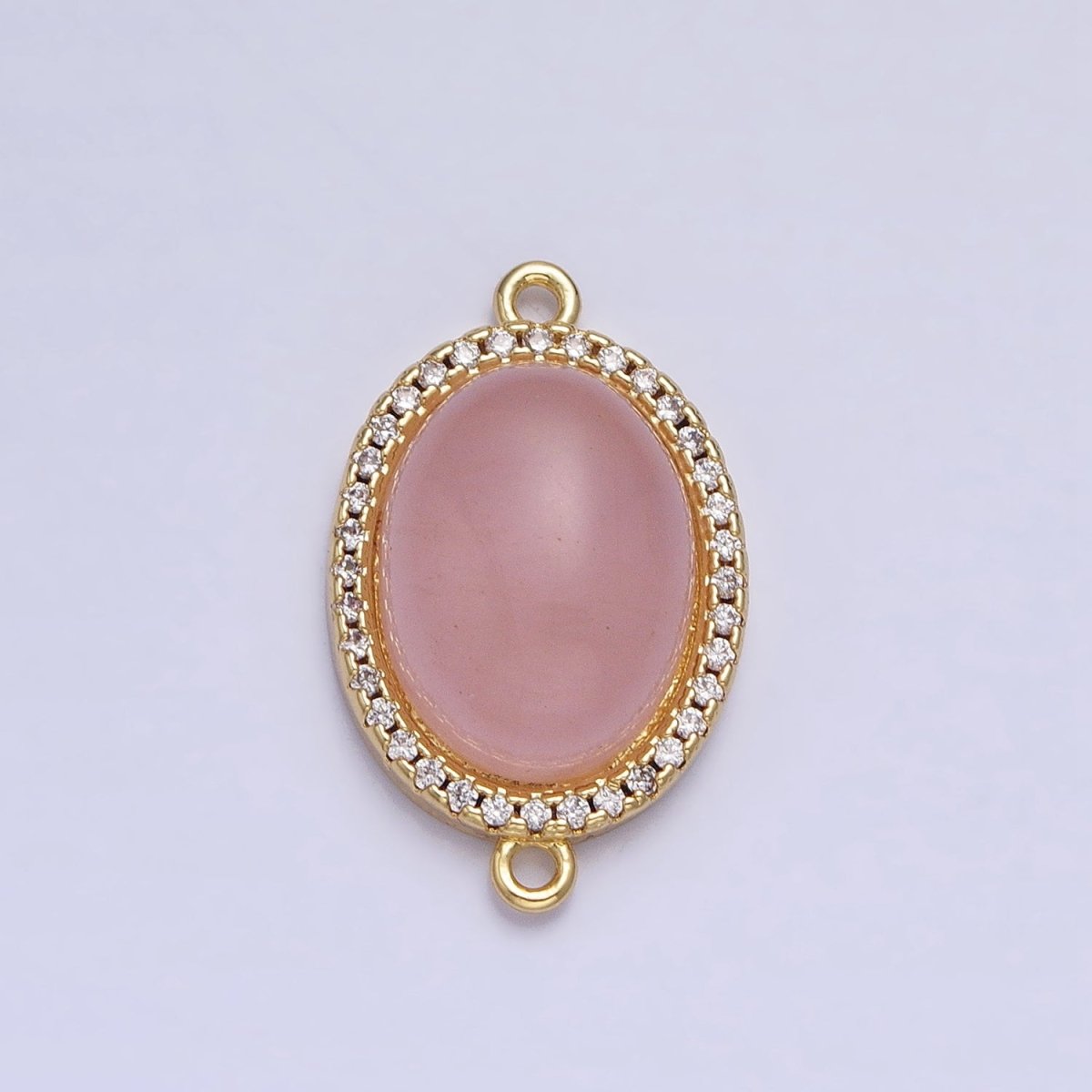 24K Gold Filled Rose Quartz Natural Gemstone Micro Paved CZ Oval Connector | AA818 - DLUXCA