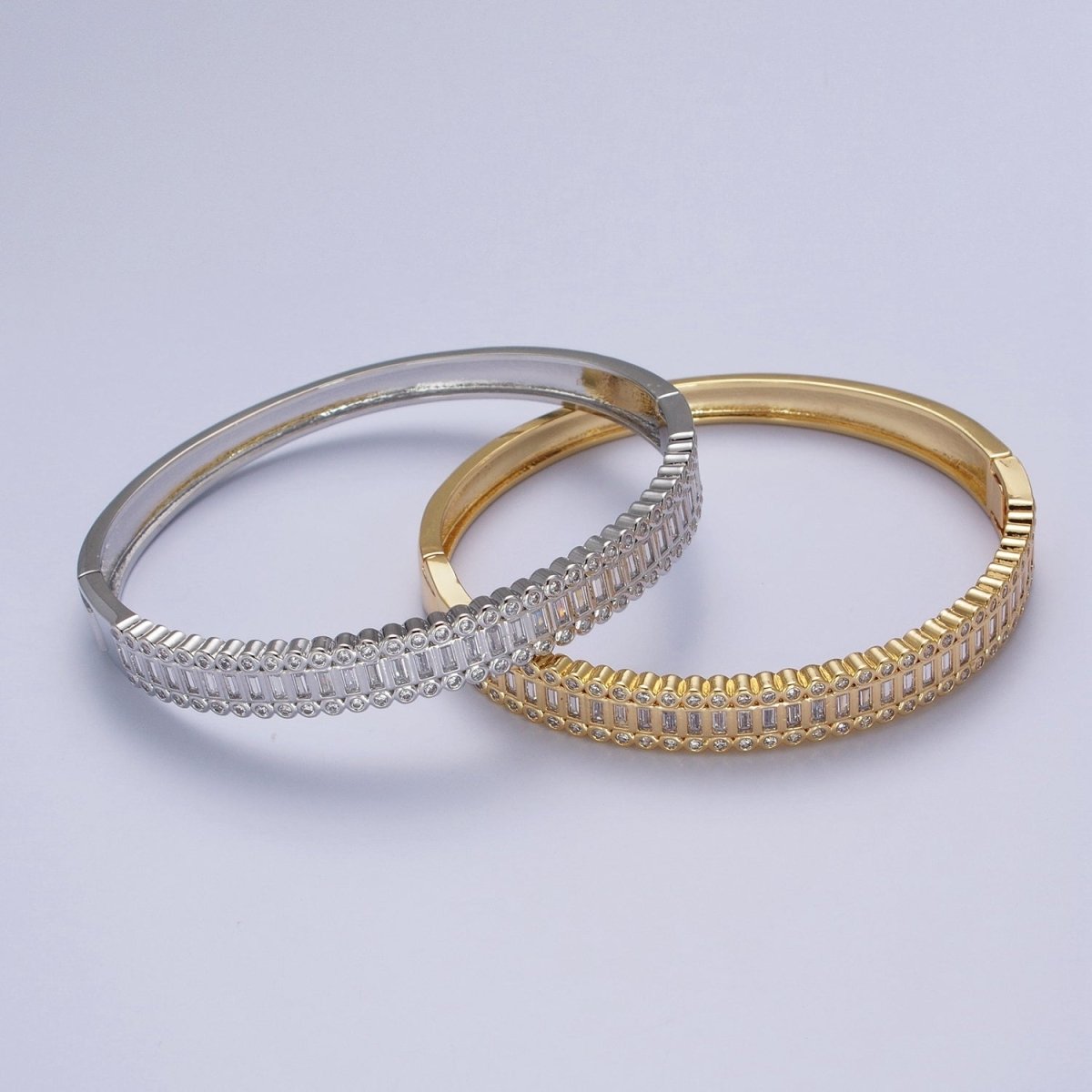 24K Gold Filled Round Baguette Cubic Zirconia Bar Bangle Bracelet in Gold & Silver | WA-1412 WA-1413 Clearance Pricing - DLUXCA