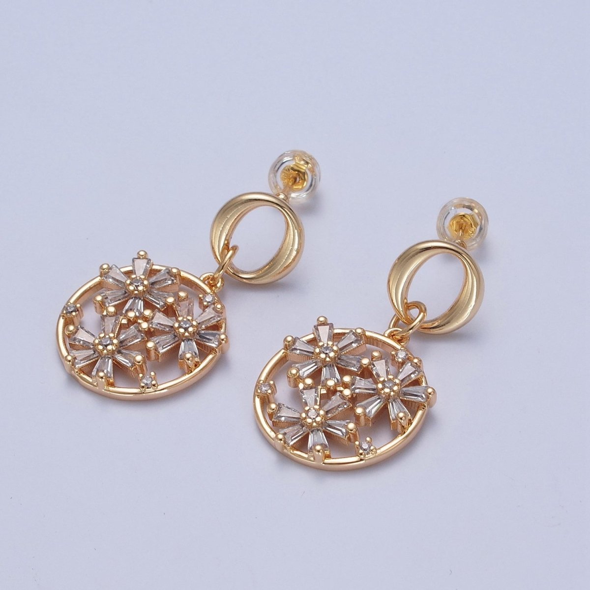 24K Gold Filled Round Baguette Cubic Zirconia Flower Round Drop Charm Dangle Stud Earrings, P-419 - DLUXCA