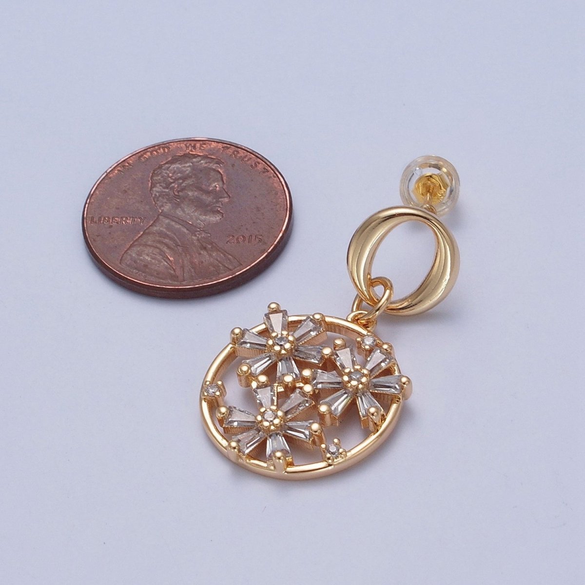 24K Gold Filled Round Baguette Cubic Zirconia Flower Round Drop Charm Dangle Stud Earrings, P-419 - DLUXCA