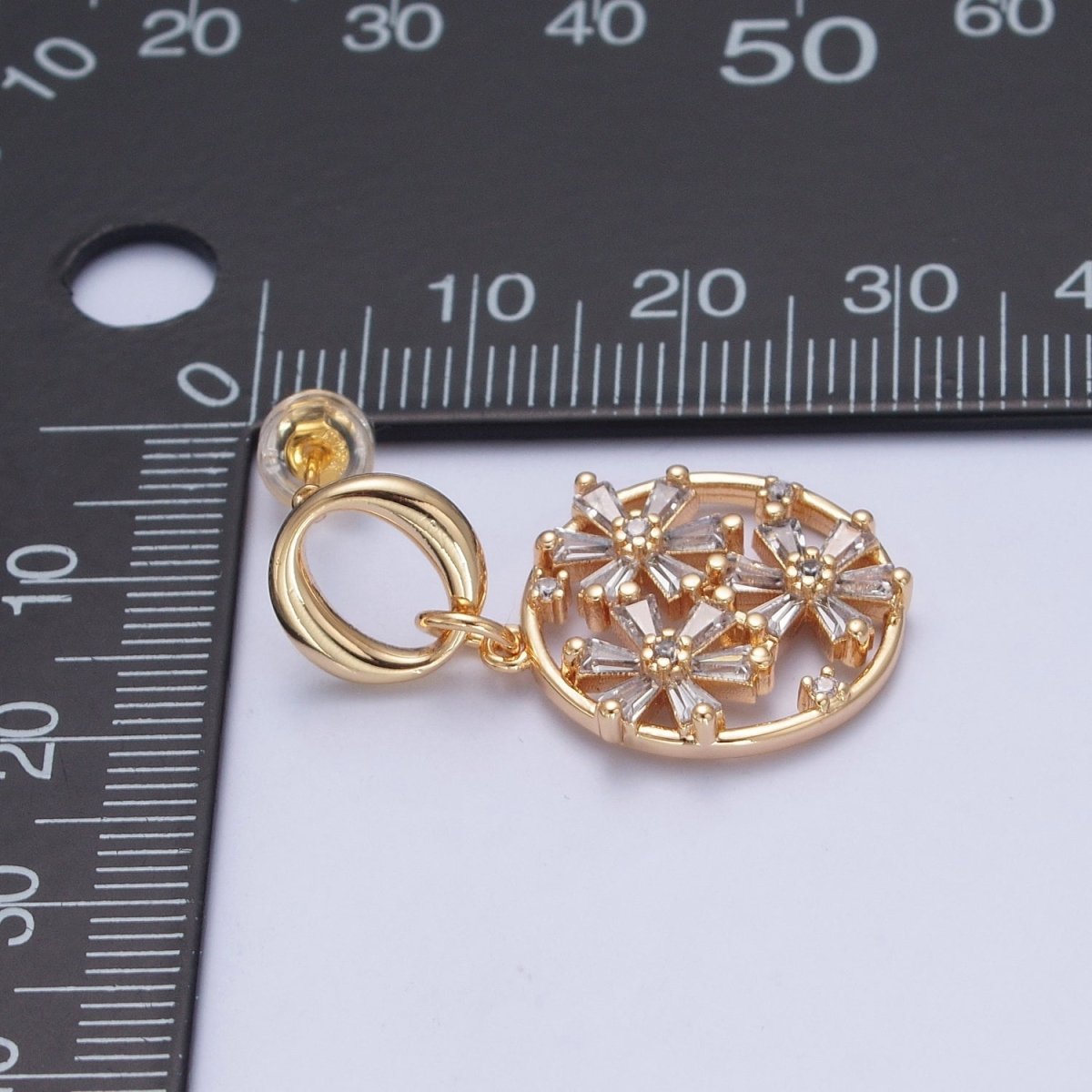 24K Gold Filled Round Baguette Cubic Zirconia Flower Round Drop Charm Dangle Stud Earrings, P-419 - DLUXCA