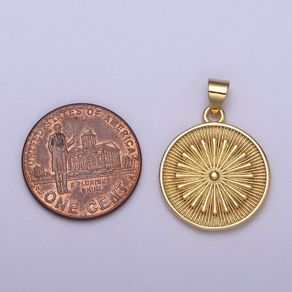 24k Gold Filled Round Coin Medallion Pendant, Sunburst Charm Necklace, Geometric Celestial Jewelry Supply H-393 - DLUXCA