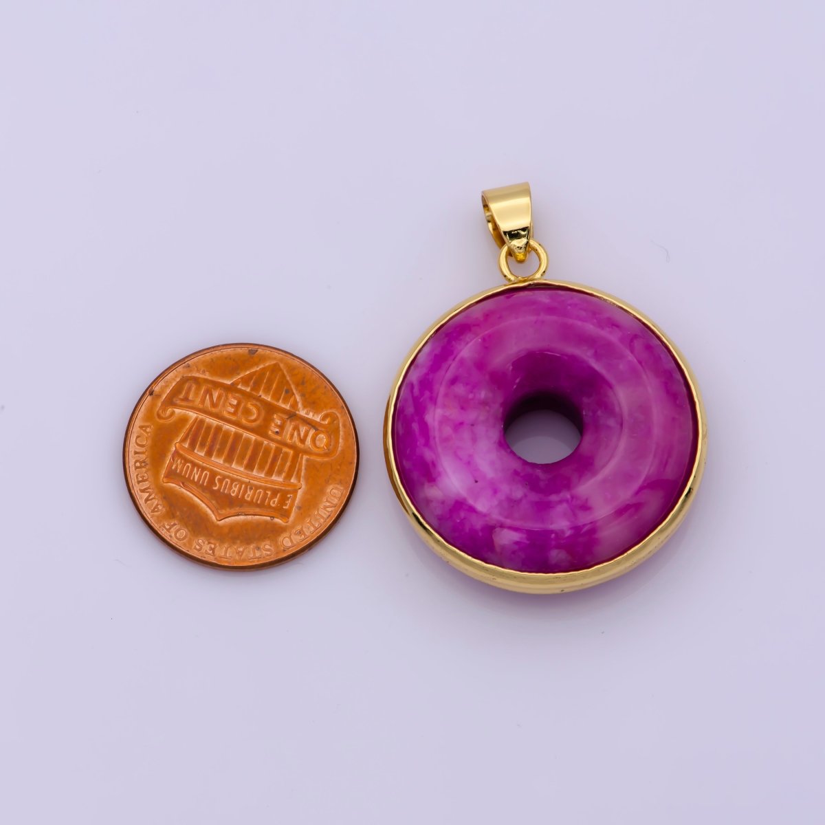24k Gold Filled Round Jade Stone charm, Purple Donut Stone Pendant, Jade Stone Pendant, Colorful Charm Birthstone Jewelry Necklace O-262 - DLUXCA