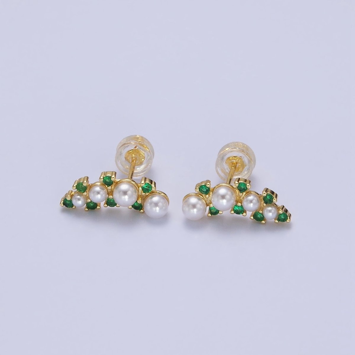 24K Gold Filled Round Pearl Green CZ Curved Line Stud Earrings in Gold & Silver | AB613 AB614 - DLUXCA