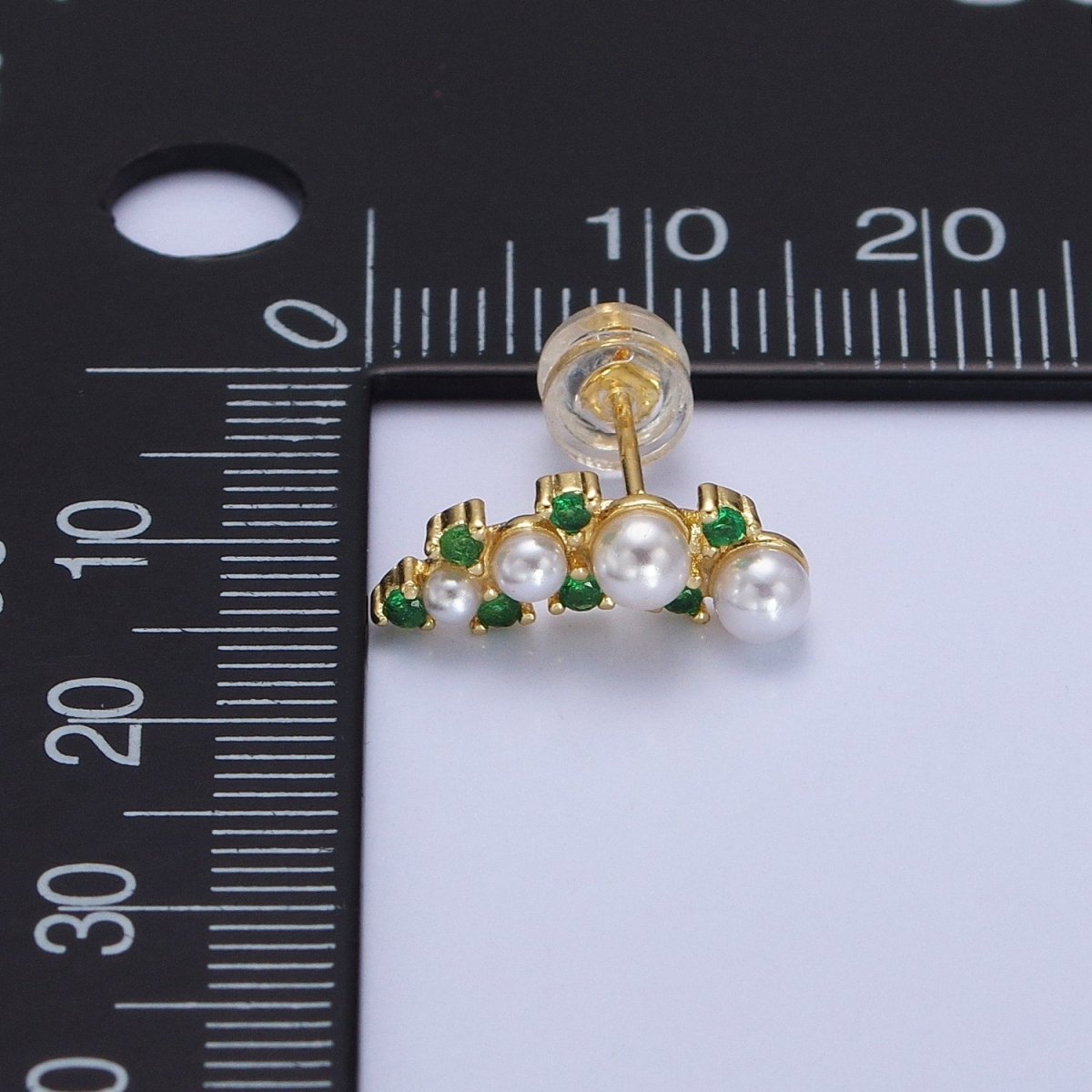 24K Gold Filled Round Pearl Green CZ Curved Line Stud Earrings in Gold & Silver | AB613 AB614 - DLUXCA