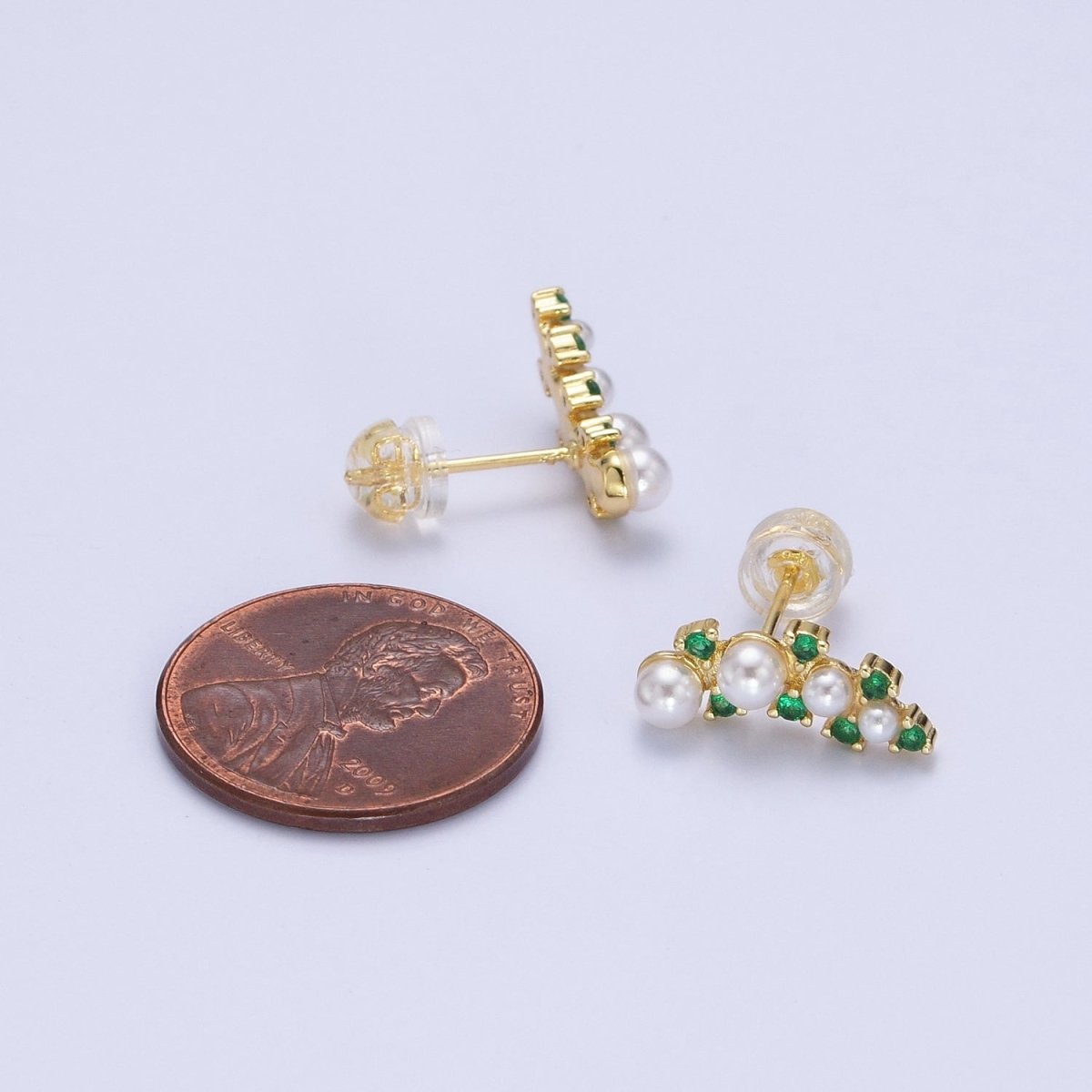 24K Gold Filled Round Pearl Green CZ Curved Line Stud Earrings in Gold & Silver | AB613 AB614 - DLUXCA