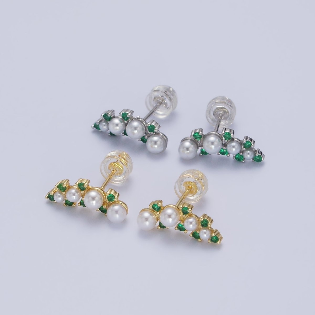 24K Gold Filled Round Pearl Green CZ Curved Line Stud Earrings in Gold & Silver | AB613 AB614 - DLUXCA