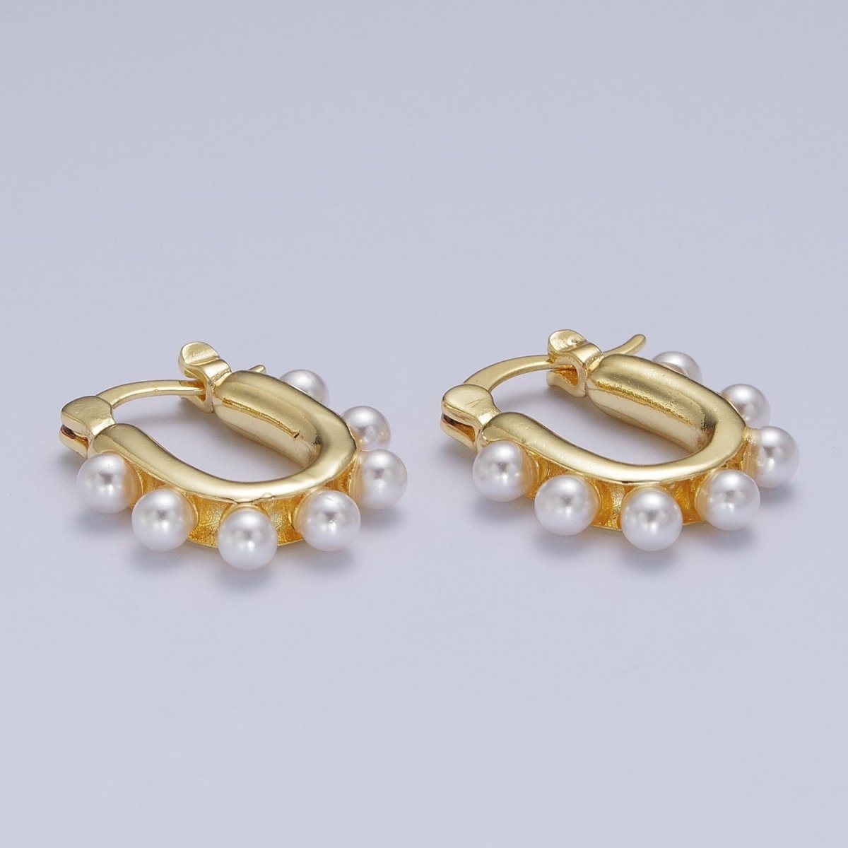 24K Gold Filled Round Pearl Lined 23.6mm U-Shaped Latch Earrings | Y-205 - DLUXCA