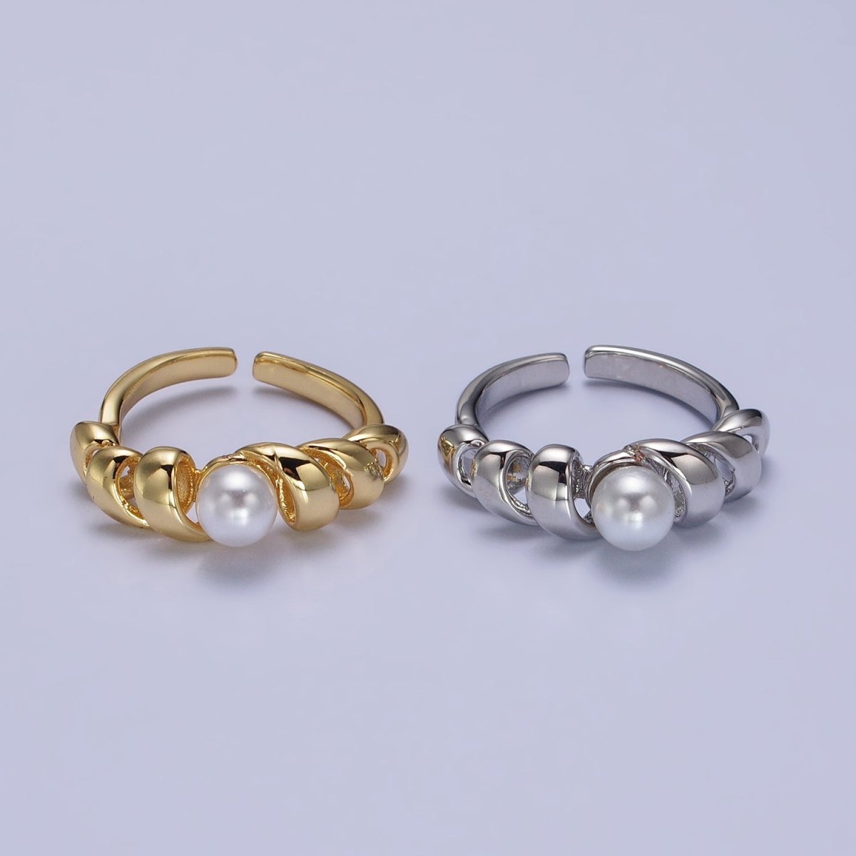 24K Gold Filled Round Pearl Twisted Coil Adjustable Ring in Gold & Silver | Y-592 Y-593 - DLUXCA