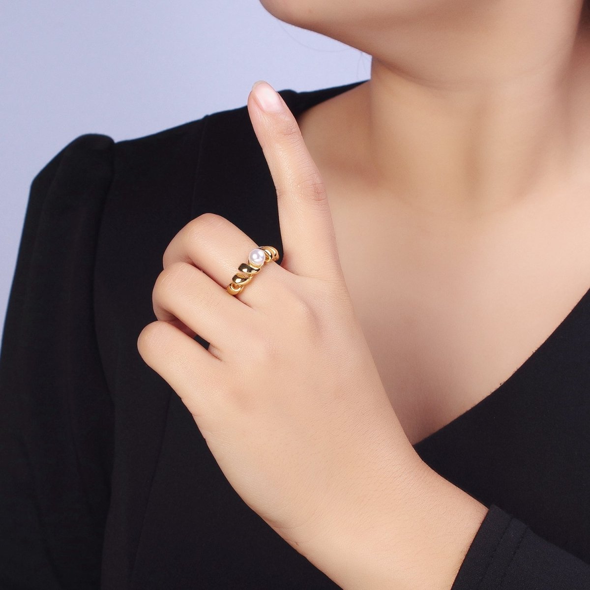 24K Gold Filled Round Pearl Twisted Coil Adjustable Ring in Gold & Silver | Y-592 Y-593 - DLUXCA