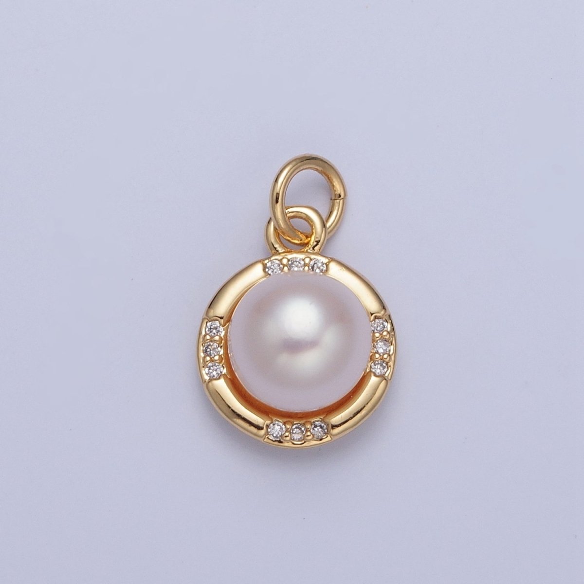 24K Gold Filled Round Shell Pearl Micro Pave CZ Gold Charm | X-067 - DLUXCA