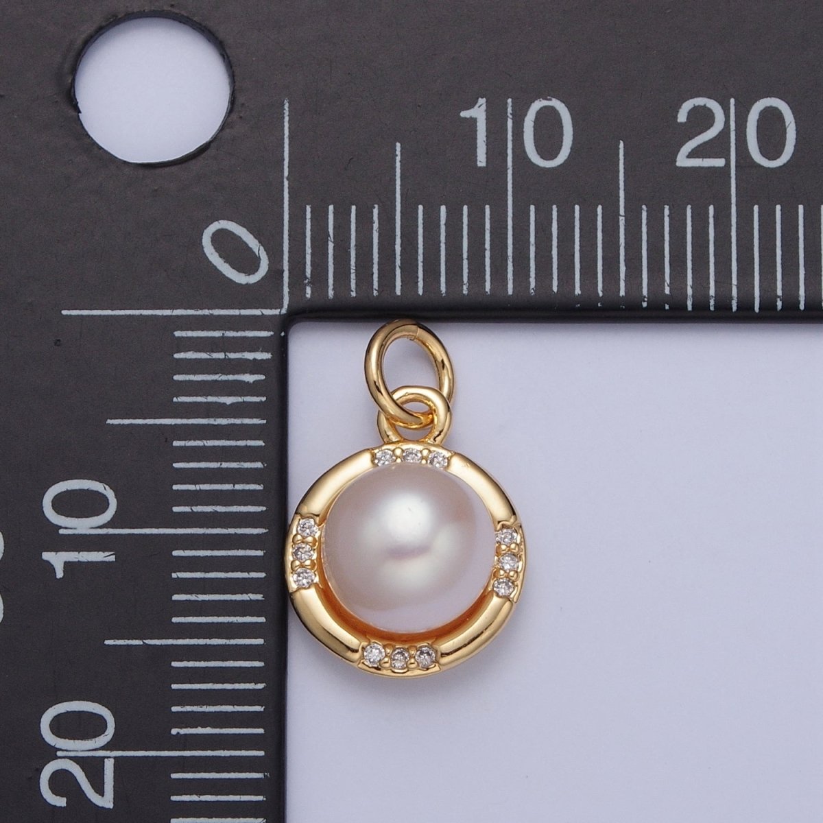 24K Gold Filled Round Shell Pearl Micro Pave CZ Gold Charm | X-067 - DLUXCA