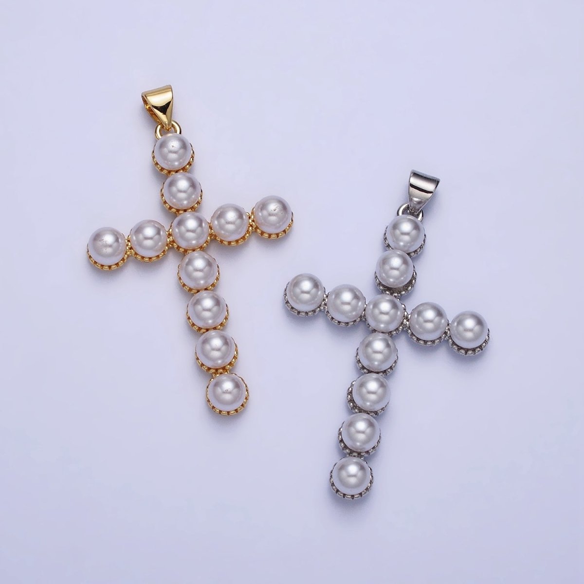 24K Gold Filled Rounded Pearl Lined Religious Cross Pendant in Gold & Silver | AA201 AA202 - DLUXCA