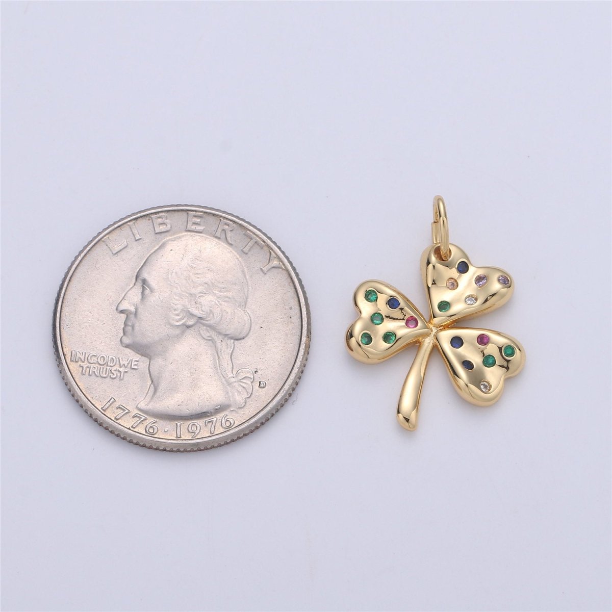24K Gold Filled Rustic Lucky Charm Good Luck 4 Leaves Clover with Multi Color Rainbow CZ Stone for Necklace or Bracelet,CHGF-984/C-896 - DLUXCA