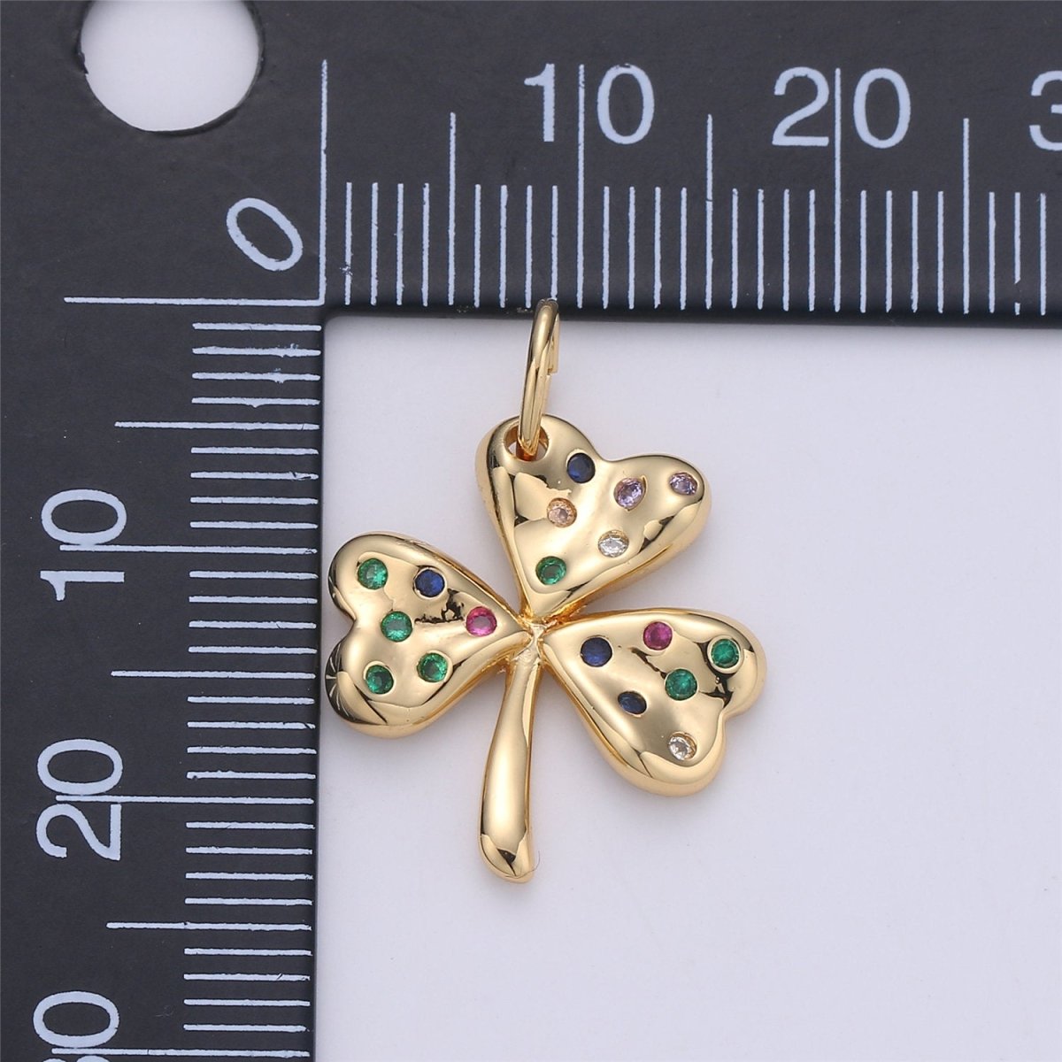 24K Gold Filled Rustic Lucky Charm Good Luck 4 Leaves Clover with Multi Color Rainbow CZ Stone for Necklace or Bracelet,CHGF-984/C-896 - DLUXCA