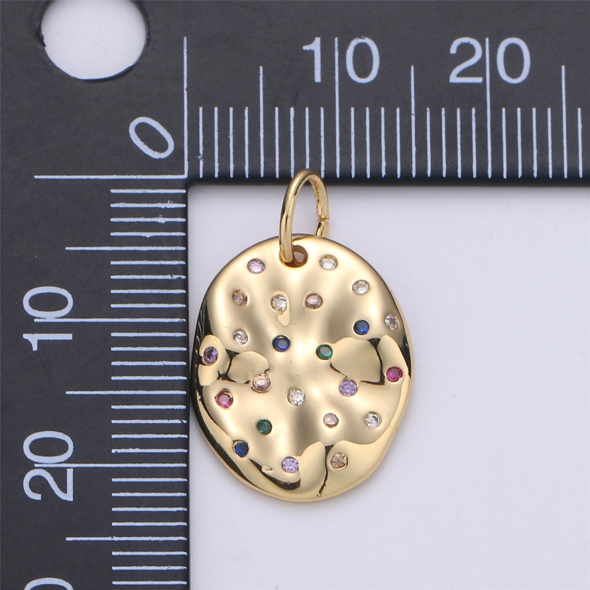 24K Gold Filled Rustic Oval Dainty Charm with Micro Pave Multi Color Rainbow Cubic Zirconia CZ Stone for Necklace or Bracelet C-903 - DLUXCA