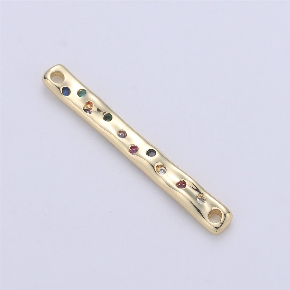 24K Gold Filled Rustic Textured Bar Dainty Connector with Micro Pave Multi Color Rainbow Cubic Zirconia CZ Stone for Necklace or Bracelet F-360 - DLUXCA
