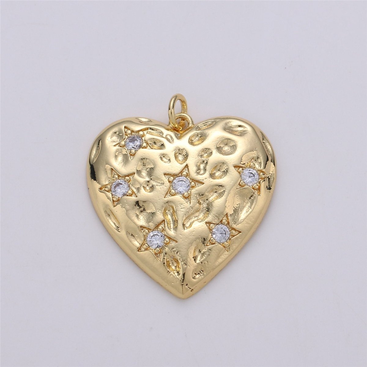 24K Gold Filled Rustic Textured Heart Charm with Micro Pave Little Star Shape Cubic Zirconia CZ Stone for Love Necklace or Bracelet C-864 - DLUXCA
