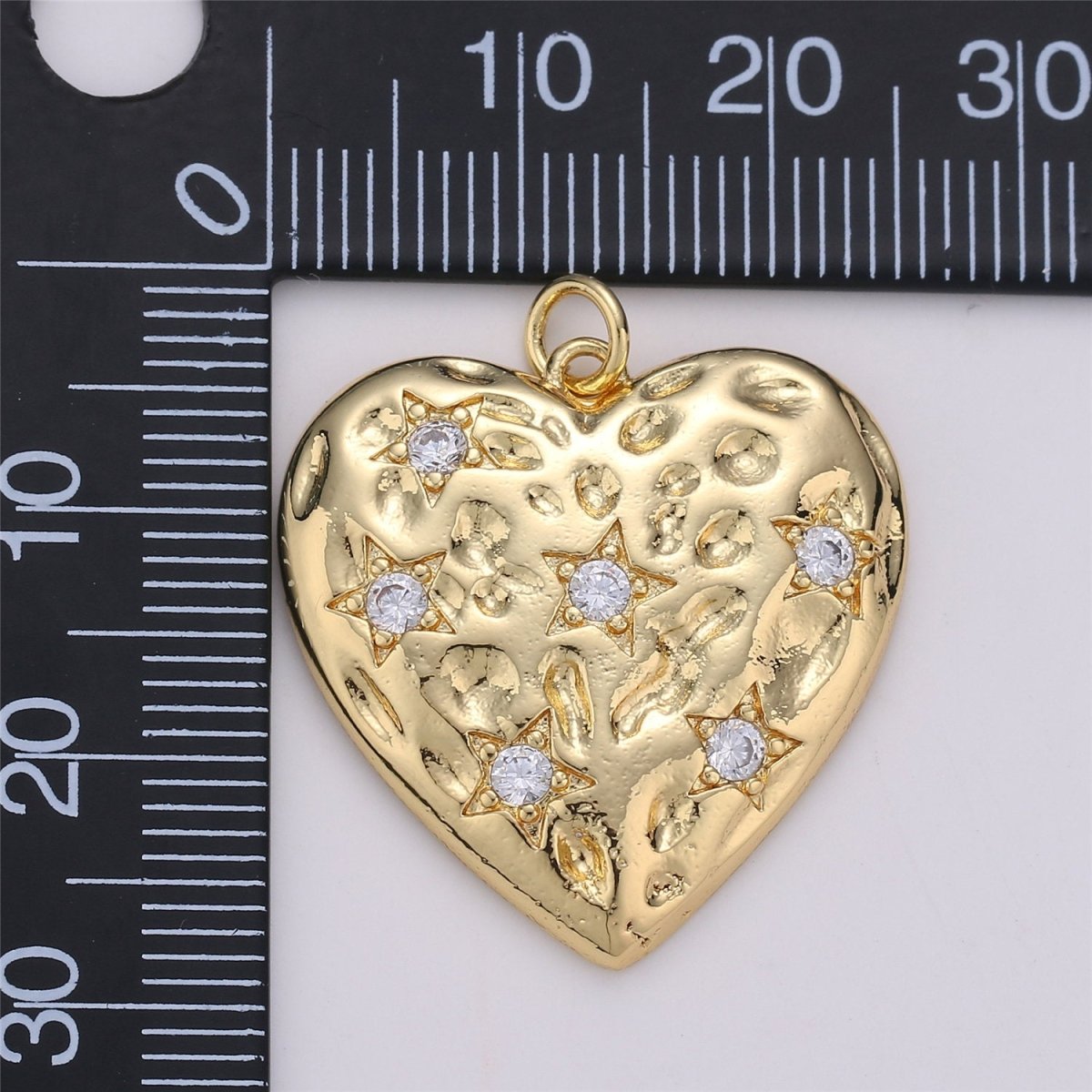 24K Gold Filled Rustic Textured Heart Charm with Micro Pave Little Star Shape Cubic Zirconia CZ Stone for Love Necklace or Bracelet C-864 - DLUXCA