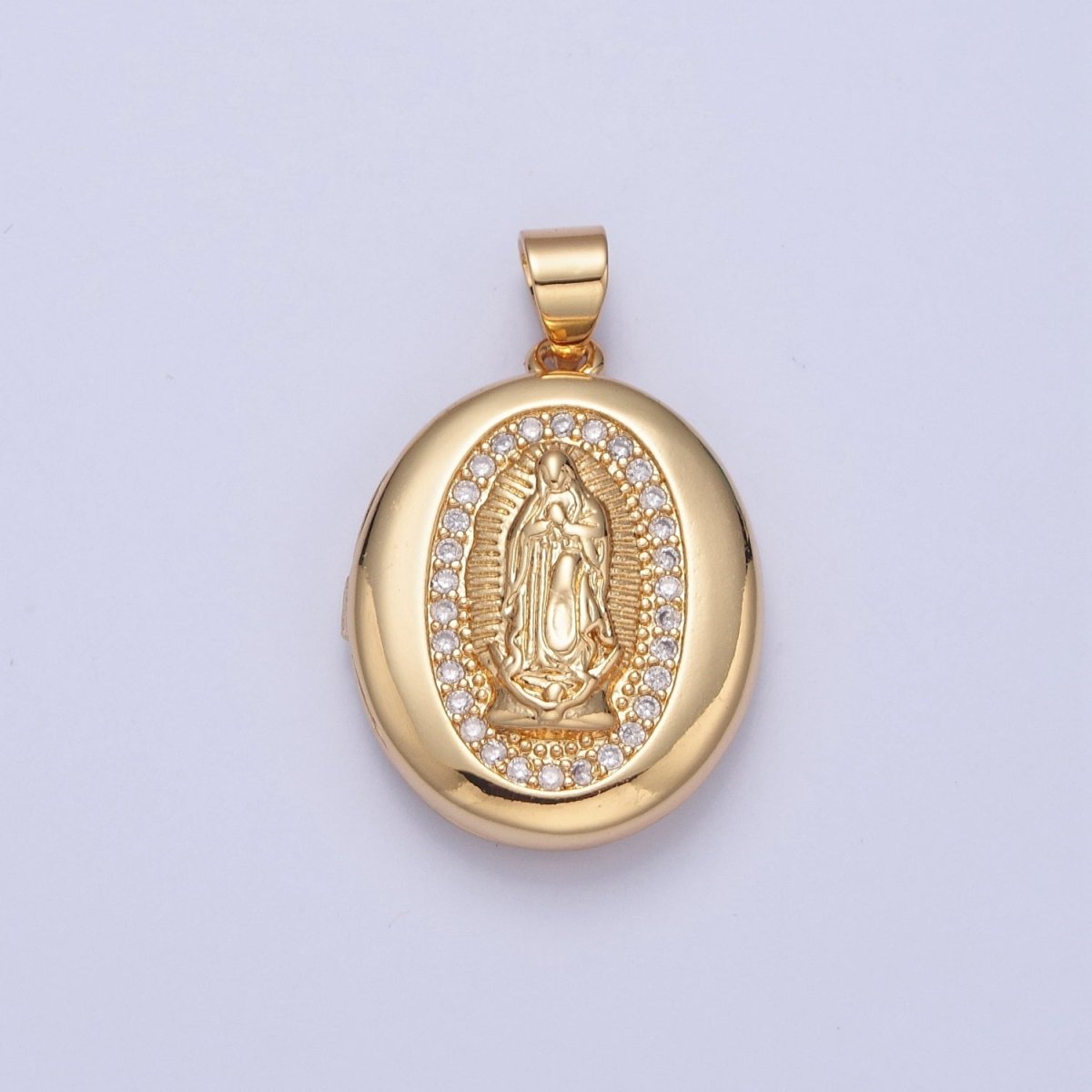 24K Gold Filled Saint Benedict / Virgin Mary Locket Oval Pendant, Micro Pave Clear Cubic Zirconia CZ Religious Jewelry H-092 H-105 - DLUXCA