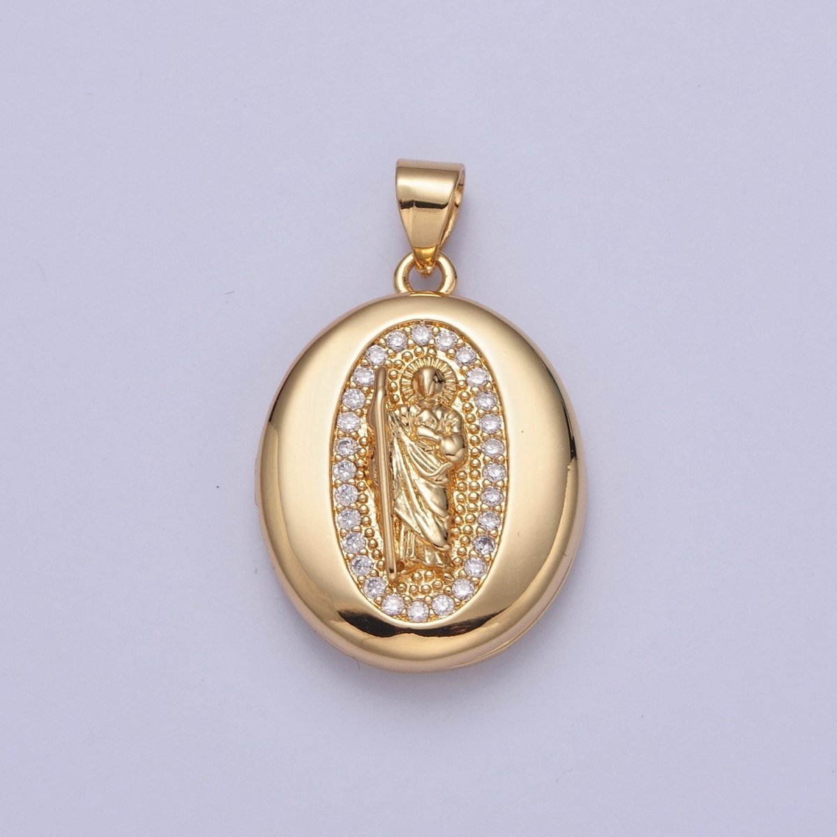 24K Gold Filled Saint Benedict / Virgin Mary Locket Oval Pendant, Micro Pave Clear Cubic Zirconia CZ Religious Jewelry H-092 H-105 - DLUXCA