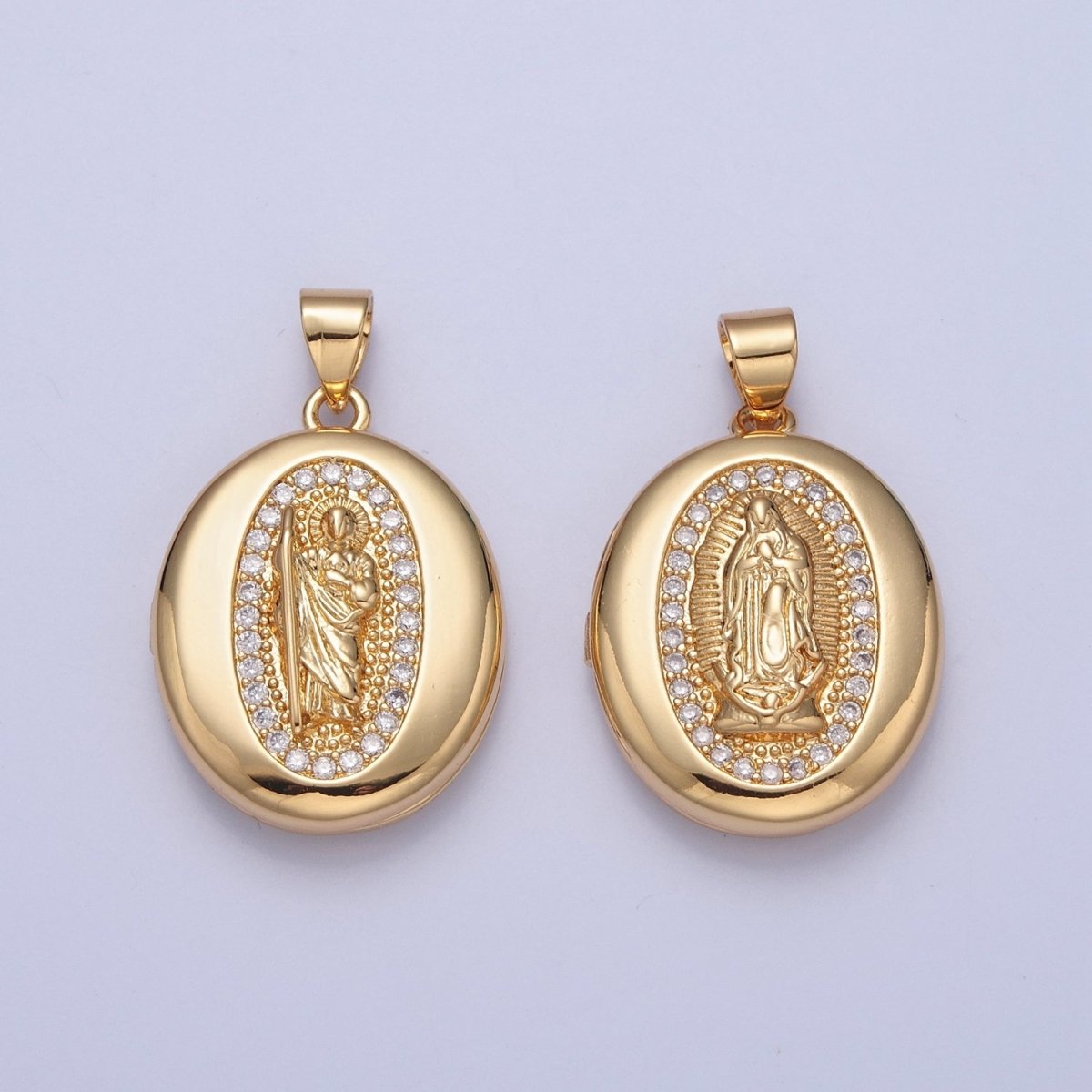 24K Gold Filled Saint Benedict / Virgin Mary Locket Oval Pendant, Micro Pave Clear Cubic Zirconia CZ Religious Jewelry H-092 H-105 - DLUXCA