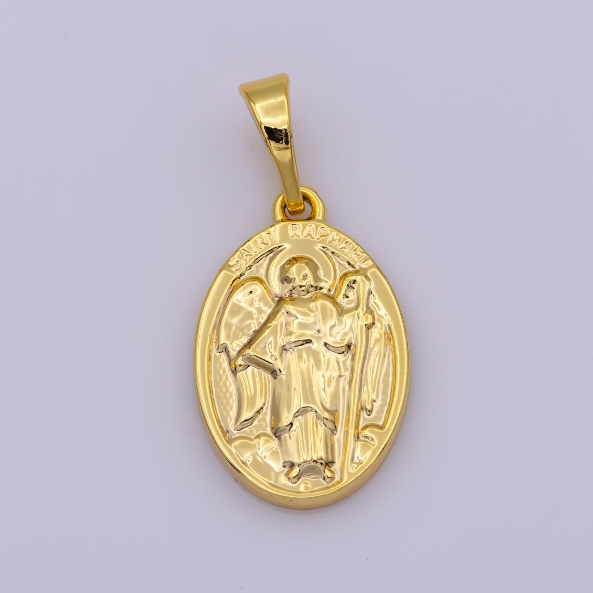 24k Gold Filled Saint Raphael Oval Pendant Double Sided Religious Charm N-1441 - DLUXCA