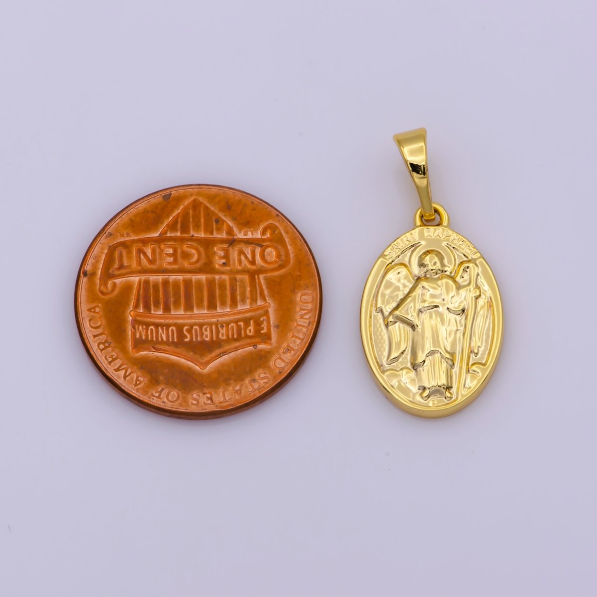 24k Gold Filled Saint Raphael Oval Pendant Double Sided Religious Charm N-1441 - DLUXCA