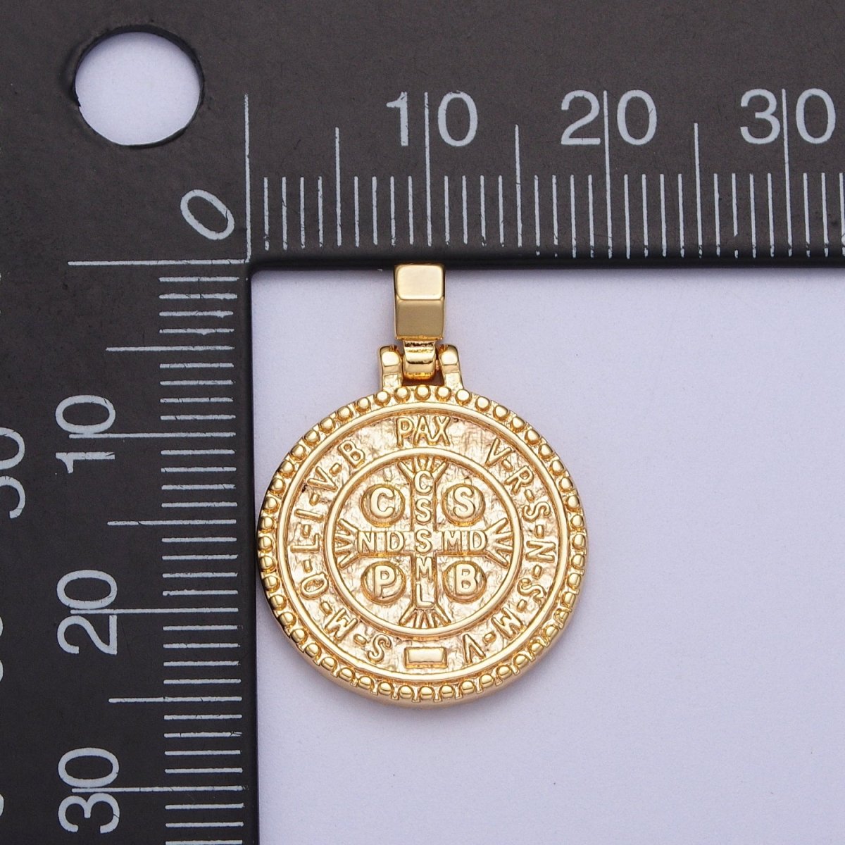 24K Gold Filled Saint St. Benedict SMQLIVB PAX VRSNSMV, Cross Moline CSSML NDSMD Religious Coin Pendant | C-598 - DLUXCA