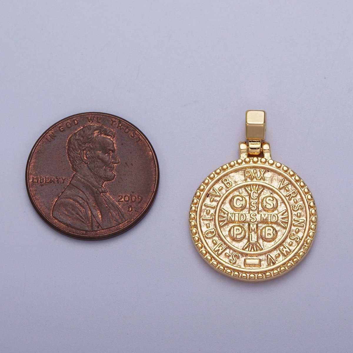 24K Gold Filled Saint St. Benedict SMQLIVB PAX VRSNSMV, Cross Moline CSSML NDSMD Religious Coin Pendant | C-598 - DLUXCA