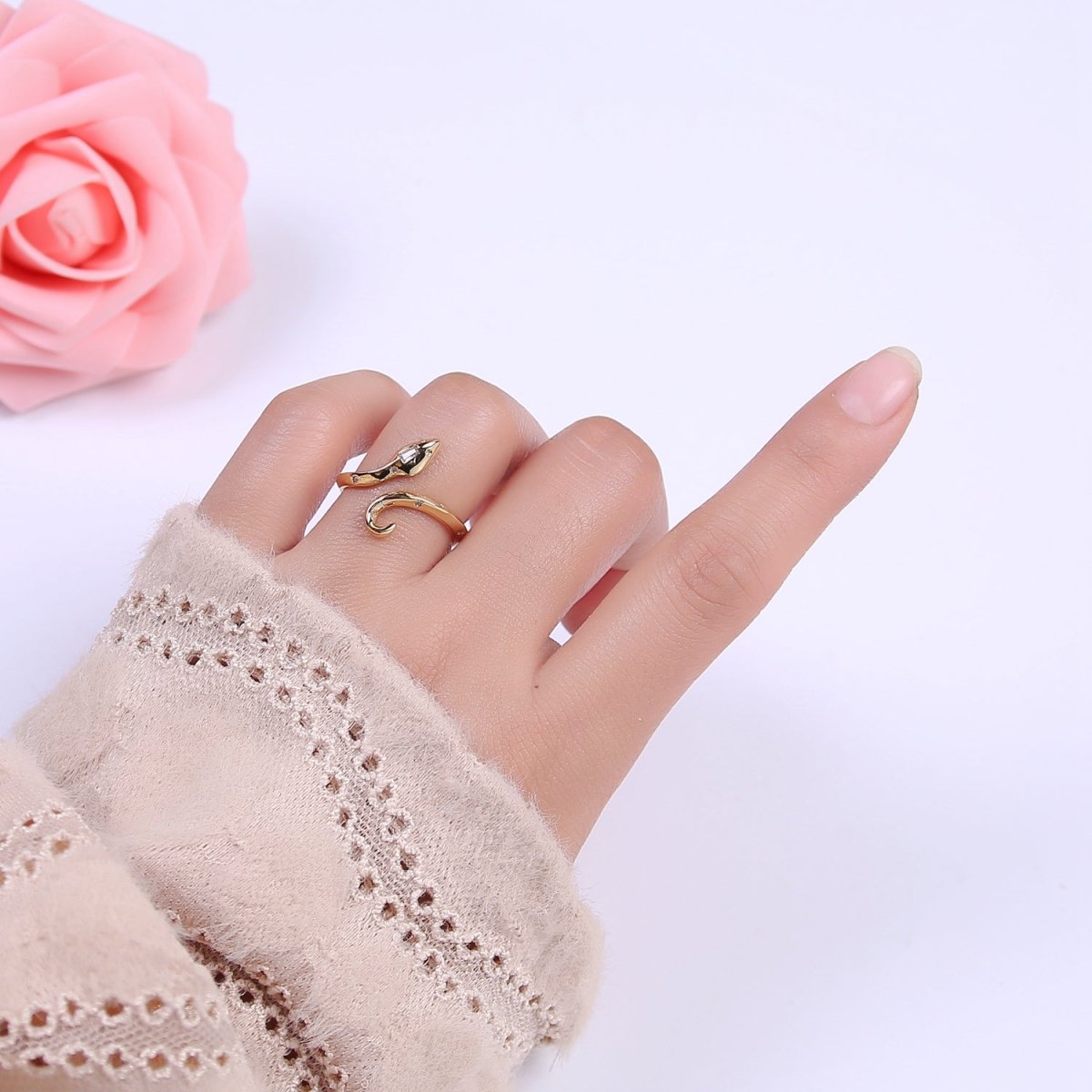 24K Gold Filled Serpent Ring, Adjustable Micro Pave Zirconia CZ Snake Ring, Dainty Curling Snake Jewelry U-464 - DLUXCA