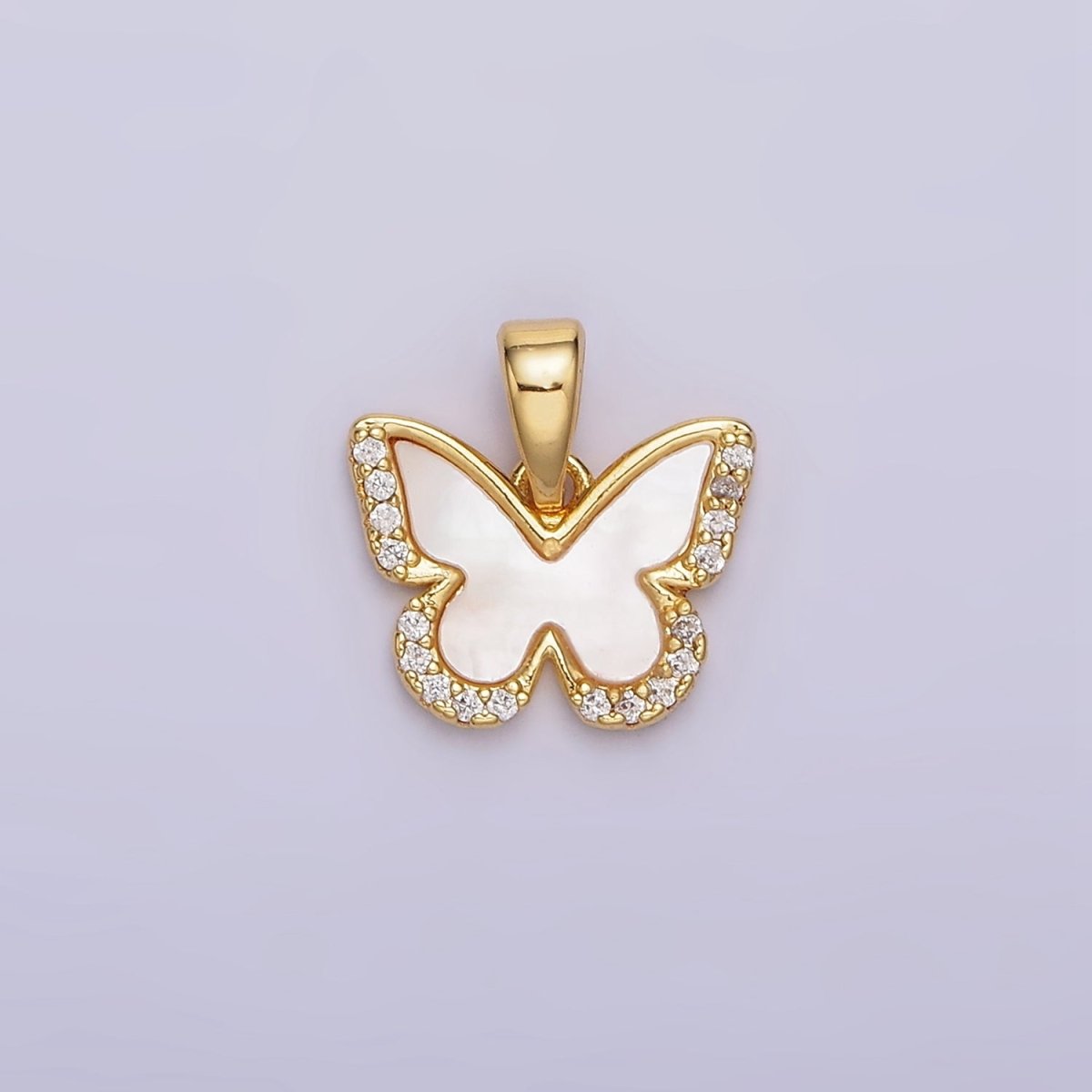 24K Gold Filled Shell Pearl Micro Paved CZ Butterfly Wings Pendant | AA-582 - DLUXCA