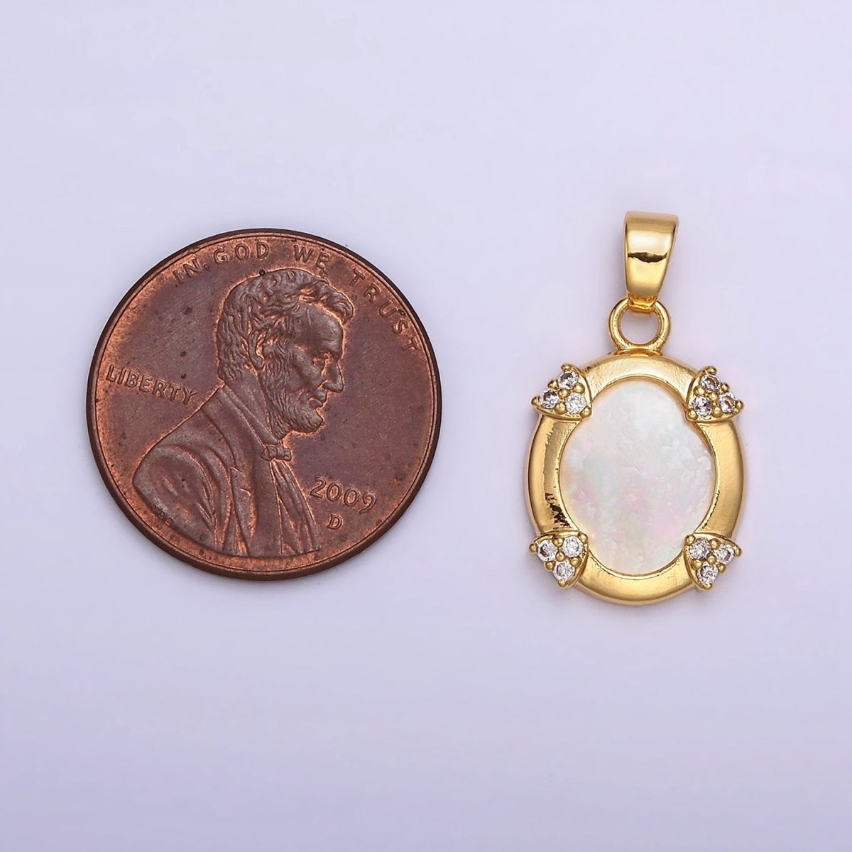 24K Gold Filled Shell Pearl Micro Paved CZ Clip Frame Oval Pendant | AA578 - DLUXCA