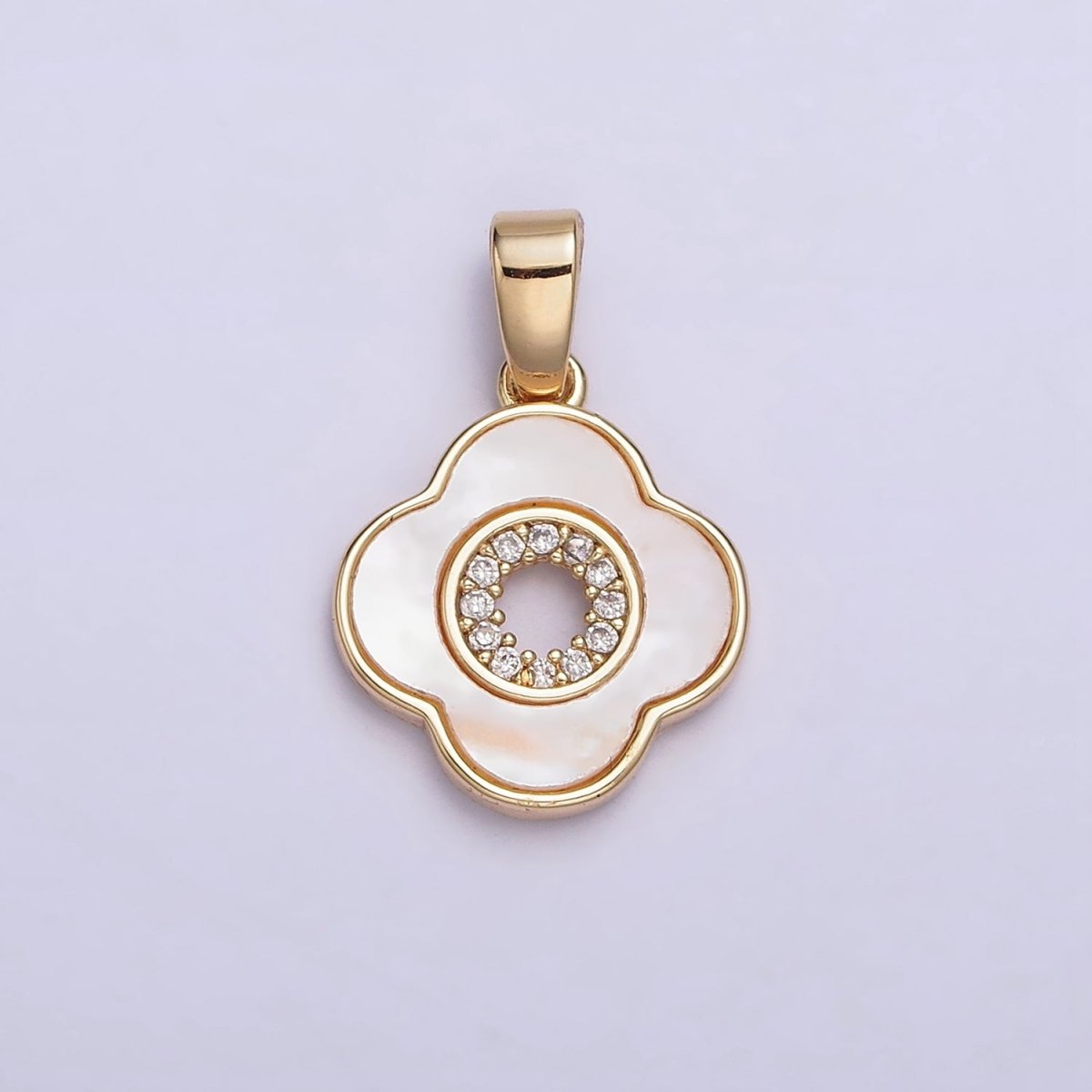24K Gold Filled Shell Pearl Micro Paved CZ Open Quatrefoil Pendant | AA575 - DLUXCA