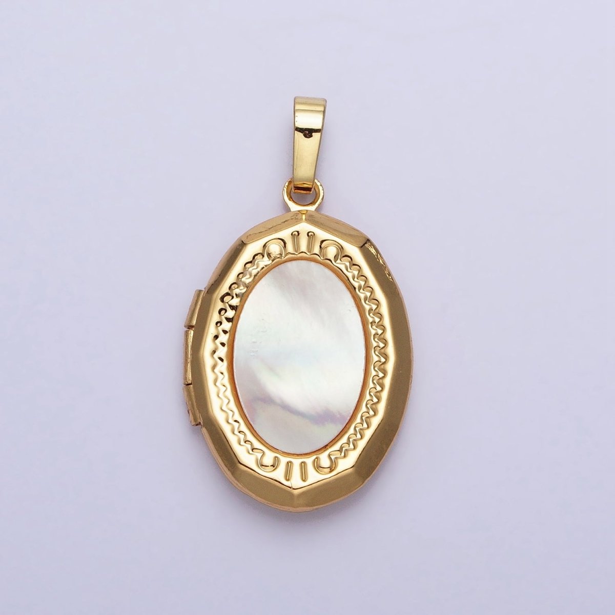 24K Gold Filled Shell Pearl Oval Geometric Engraved Locket in Gold & Silver | AA-367 AA-368 - DLUXCA