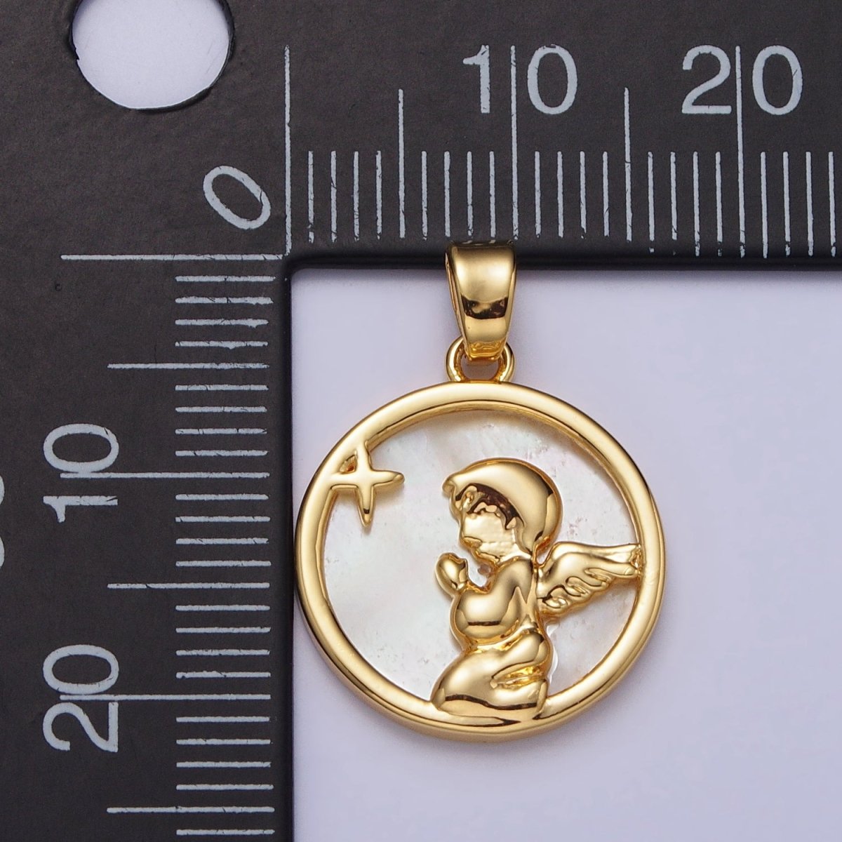 24K Gold Filled Shell Pearl Star Cherub Baby Angel Round Pendant | AA112 - DLUXCA