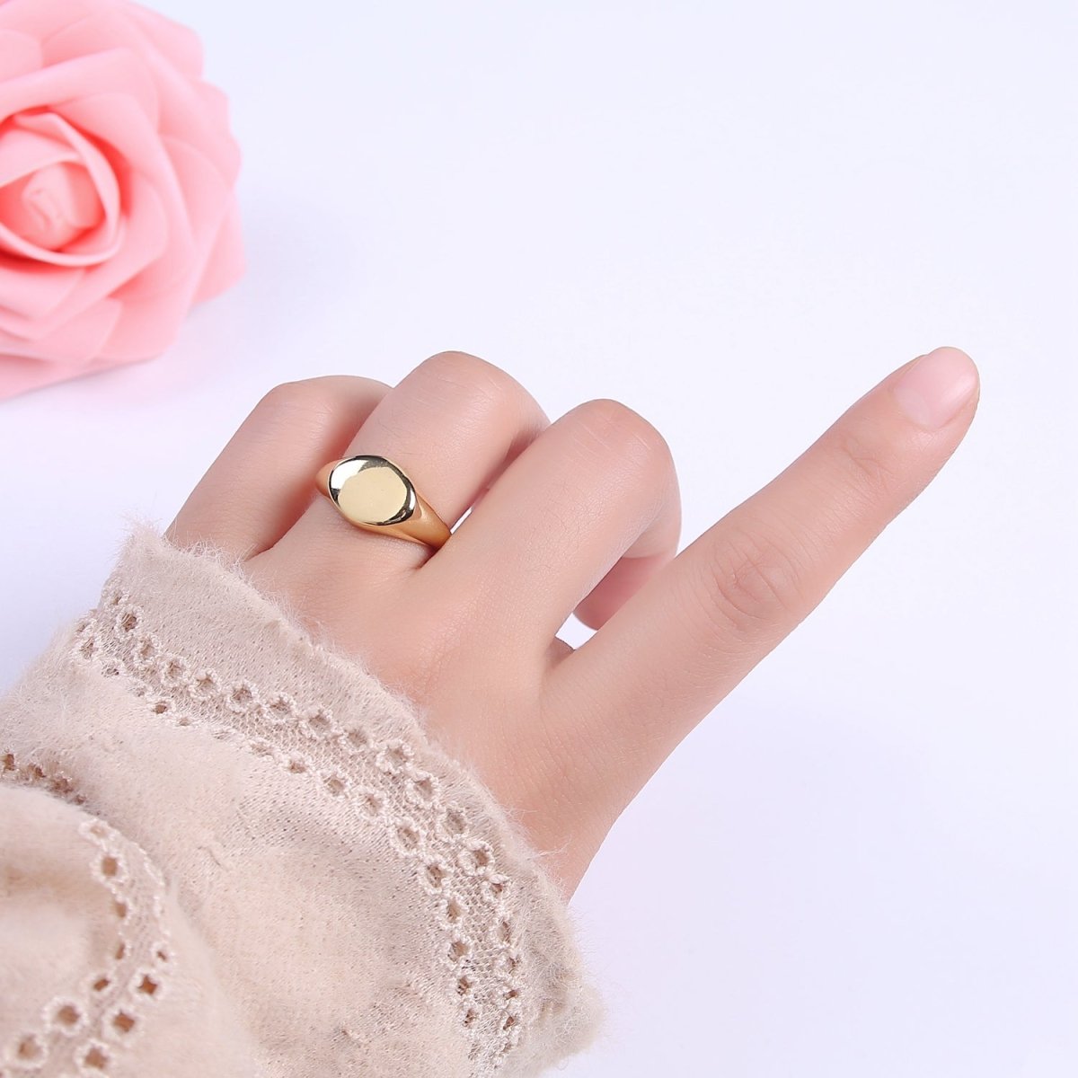 24K Gold Filled Signet Ring, Minimalist Adjustable Stackable Ring, Gift For Him Her | U-470 - DLUXCA