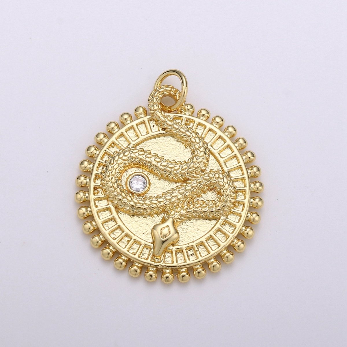 24k Gold Filled Snake Charm Gold medallion Coin Pendant, 25x23mm Round Disc Micro Pave Serpent Snake Jewelry for Necklace Component D-348 - DLUXCA