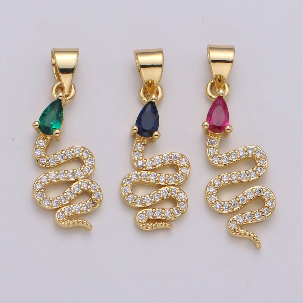 24k Gold Filled Snake Charm, Gold Snake Pendant Charm, Micro Pave Serpent Animal Cz Charm Green Blue Pink Stone DIY Jewelry I-804~I-806 - DLUXCA