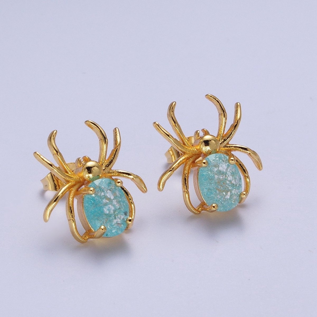 24K Gold Filled Spider Earring Blue Cubic Zirconia Gold Spider Stud Earrings for Halloween | AE-1015 - DLUXCA