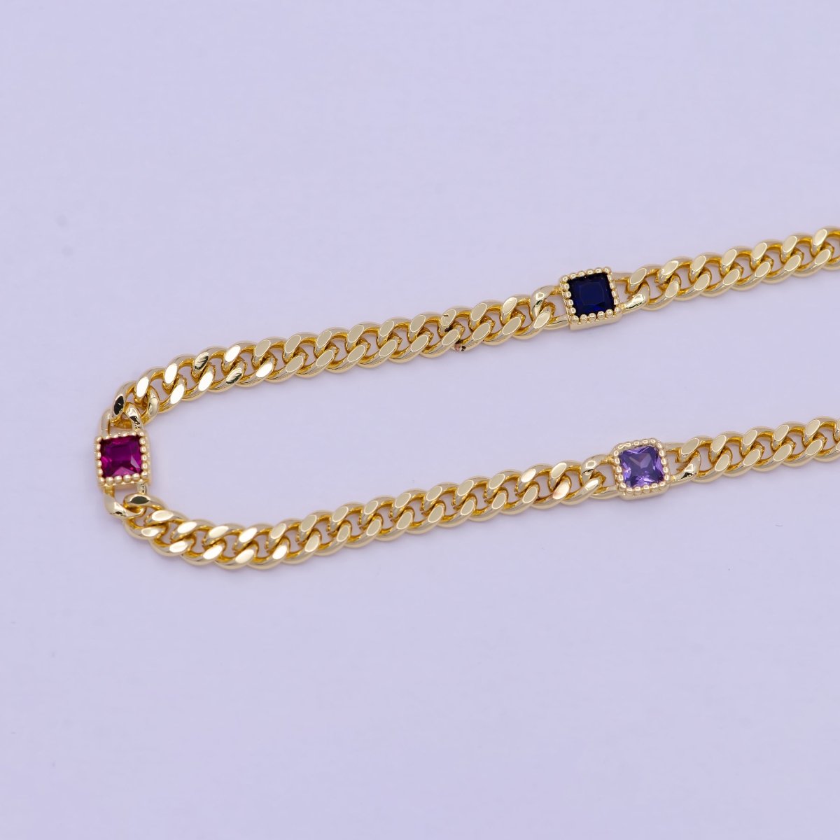 24K Gold Filled Square Cubic Zirconia Curb Chain Unfinished Chain by Meter | WA-1404 Clearance Pricing - DLUXCA