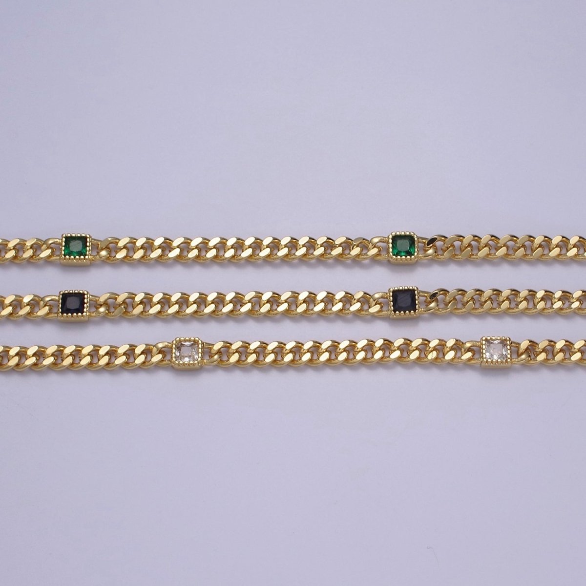 24K Gold Filled Square Cubic Zirconia Curb Chain Unfinished Chain by Meter | WA-1404 Clearance Pricing - DLUXCA